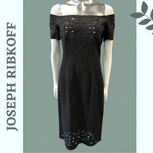 Joseph Ribkoff Off the Shoulder Little Black Dress Cut  Out Beaded Embroidered 8